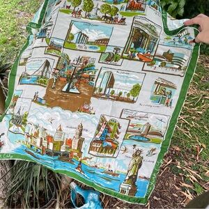 NYC New York City Cityscape Print Silk Scarf Green and White Vintage